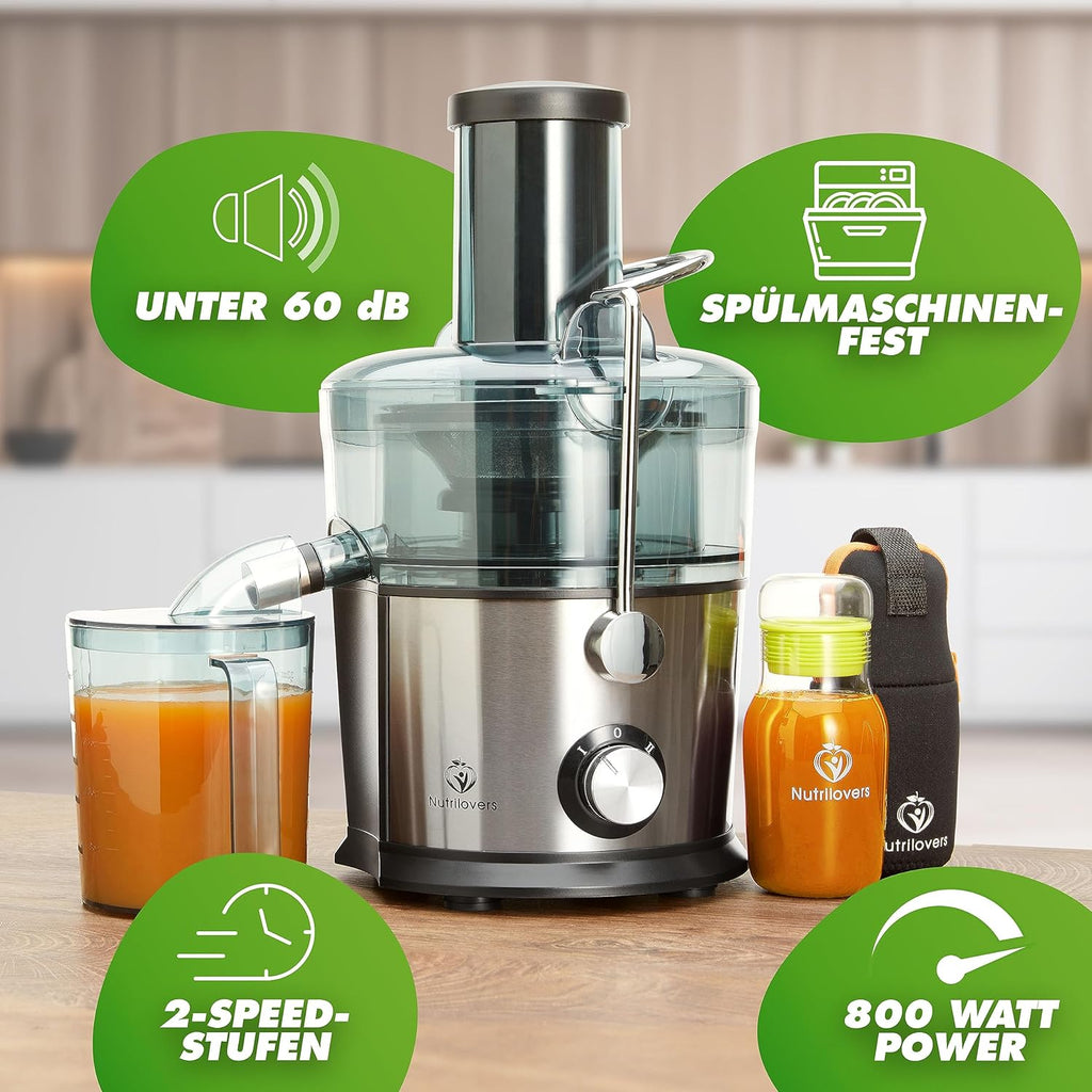 Nutrilovers QUICK-JUICER Centrifuga in acciaio inox per frutta e verdura *Vincitore del test* I Imbocco XXL per spremere frutti interi, 800W, 2 velocità, senza BPA incl. borraccia + ricettario e app