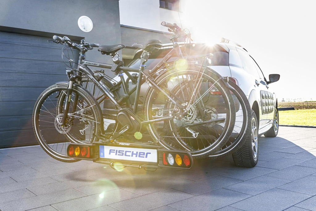 Fischer Portabici da Gancio Traino Proline Evo 2, per 2 biciclette fino a 60 kg di carico utile, adatto per e-bike, preassemblato, con serratura, pieghevole