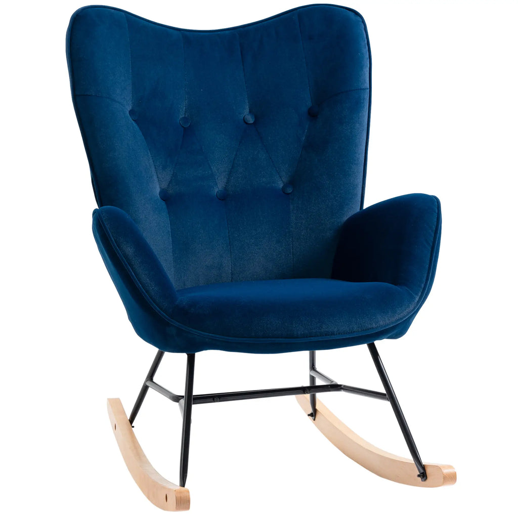 HOMCOM Sedia a Dondolo Scandinava Schienale Alto Effetto Velluto Blu