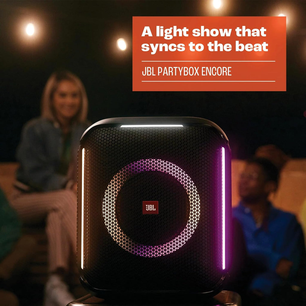 JBL PartyBox Encore – Altoparlante portatile per feste da interno e da esterno – Con luci integrate, design IPX4 e bassi profondi – 10 ore di autonomia – Nero