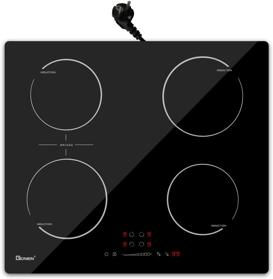 GIONIEN Piano cottura a induzione con spina 60 cm 16 Amp, piano cottura elettrico integrato con zona a ponte, piano cottura a 4 zone, 2800 W, GITS470SPVDE