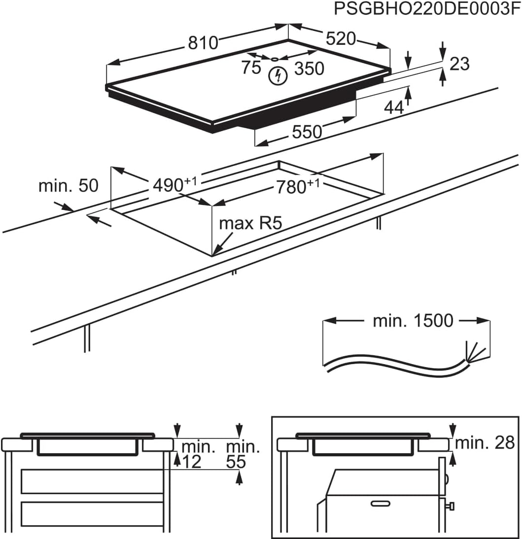 AEG piano cottura a induzione autonomo 80cm con cappa integrata / Prodotto in Germania / 4 zone cottura Flexi con funzione Bridge (combinazione di 2 zone) / Funzione automatica della cappa / Filtro a carbone attivo / COLI84COXB