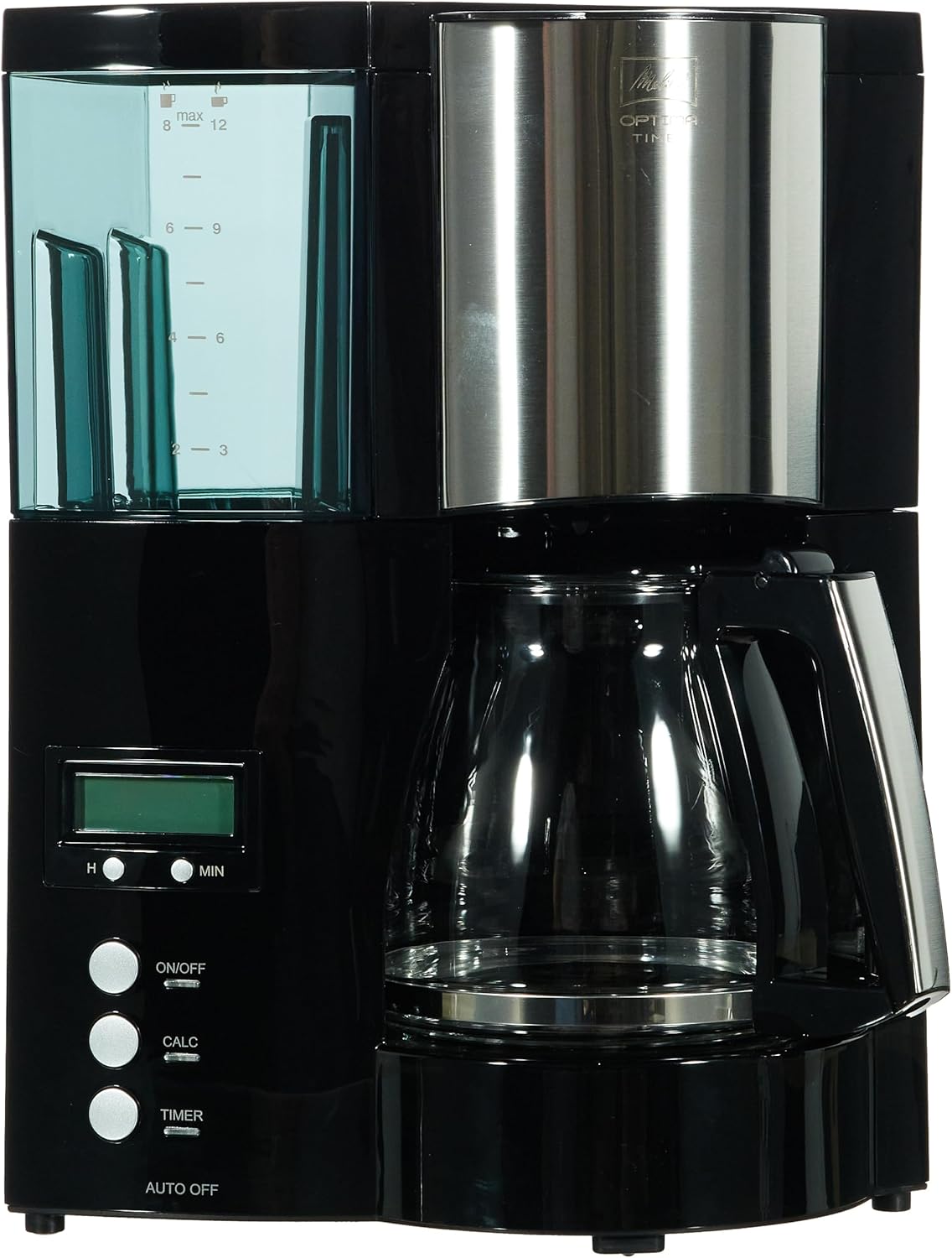 Melitta Optima Timer – Macchina da caffè con timer, macchina da caffè americano con caraffa in vetro e serbatoio dell'acqua rimovibile, per un massimo di 8 tazze di caffè, nero