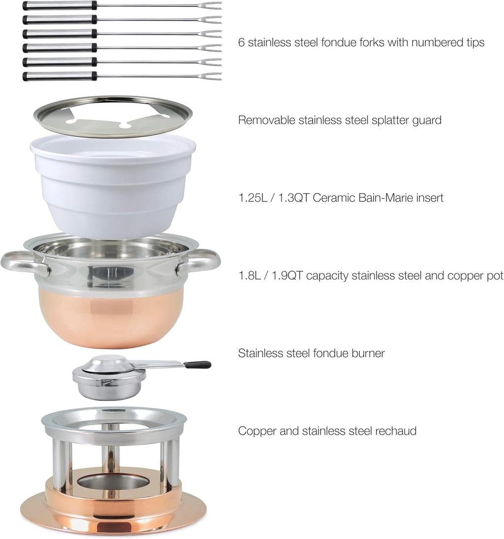 Swissmar F66415 Lausanne Fondue Set 11-teiliges, Kupfer/Edelstahl, 1.8L, Fondue-Set für Fleisch, Käse und Schokolade, für 6 Personen, Geschenkset