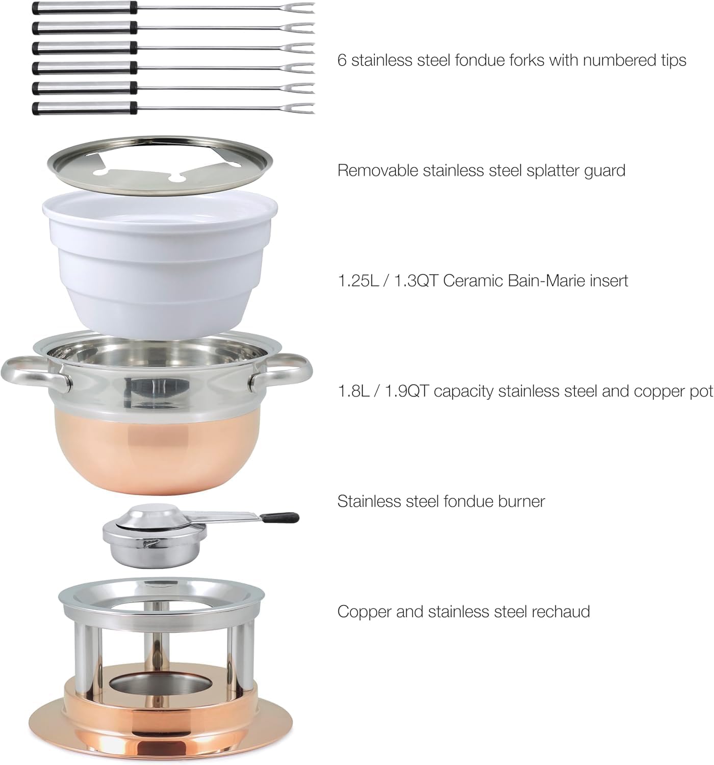 Swissmar F66415 Lausanne Fondue Set 11-teiliges, Kupfer/Edelstahl, 1.8L, Fondue-Set für Fleisch, Käse und Schokolade, für 6 Personen, Geschenkset
