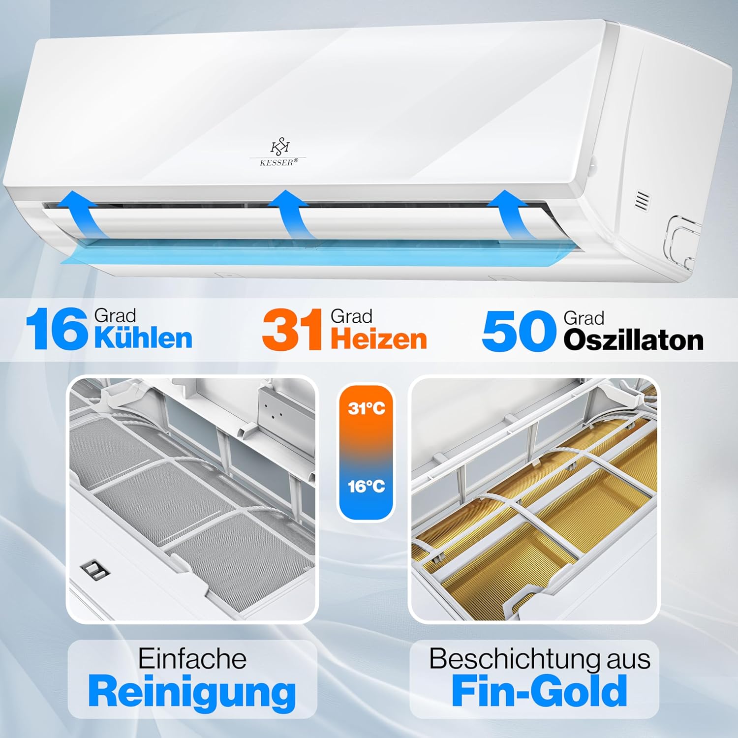 KESSER® Condizionatore Split - con funzione WiFi/App - Raffreddamento A++/Riscaldamento A+ - 9000 BTU/h (2.600 Watt) Refrigerante R32 - Telecomando, funzione timer - Kit di montaggio completo incluso