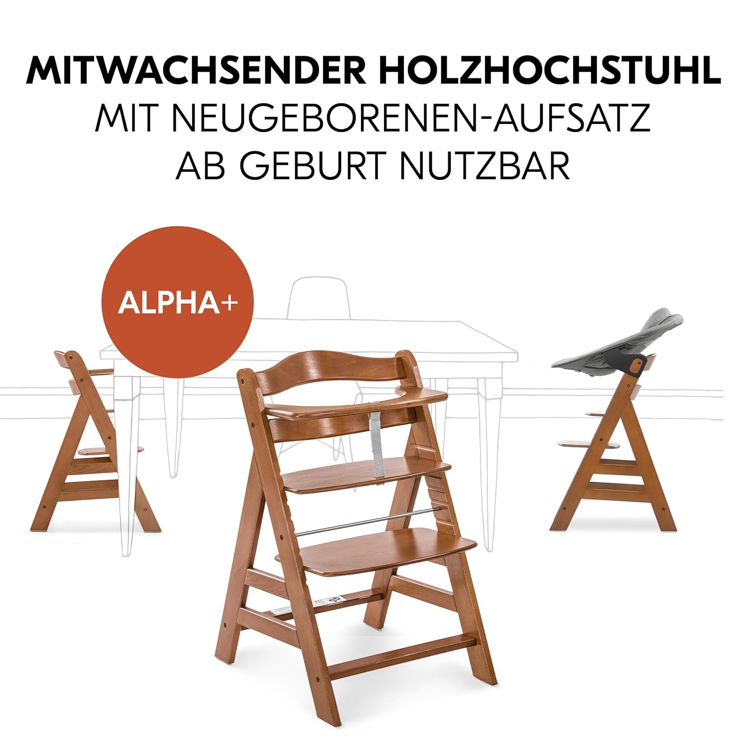 hauck Alpha Plus Newborn Set mit Premium Bouncer Dark Grey - Baby Holz Hochstuhl ab Geburt mit Liegefunktion - extra flacher Aufsatz für Neugeborene & Baumwoll Sitzpolster - Grau