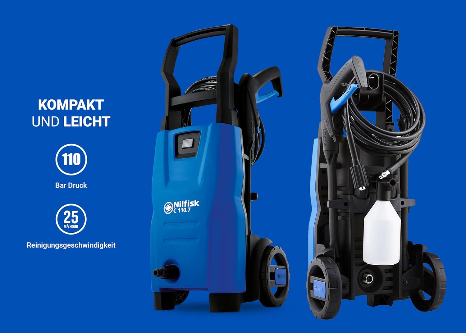 Nilfisk C 110.7 Bar Hochdruckreiniger + Schaumsprüher + Kompakt-Flächenreiniger + Bürste - Mini-Druckreiniger für Außenbereiche und Autos (1400 W)