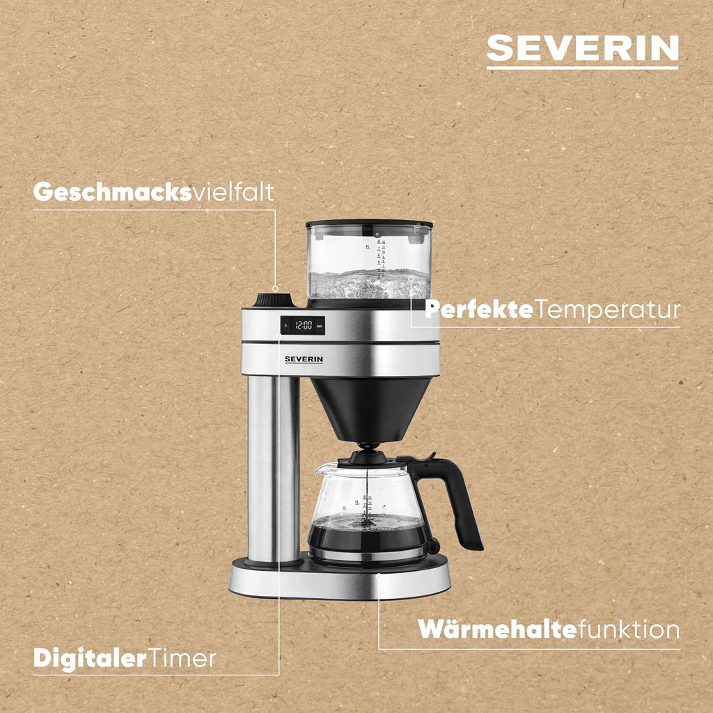 SEVERIN Macchina da caffè con filtro Caprice, come preparata a mano con la caffettiera per un massimo di 8 tazze, macchina da caffè con timer, acciaio inox spazzolato/nero opaco, KA 5760