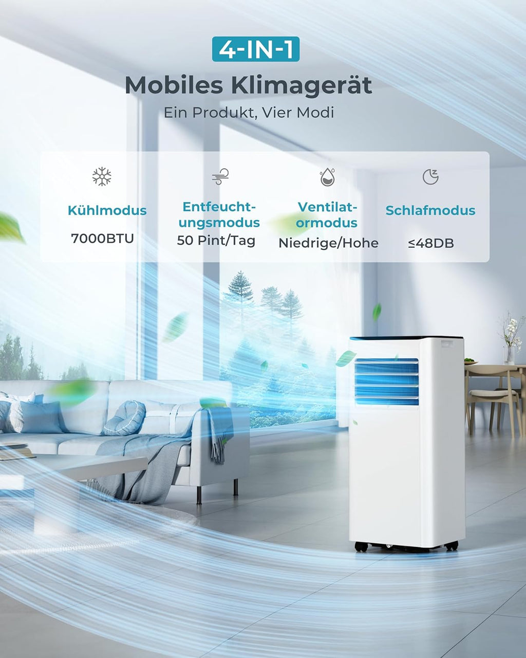 Condizionatore Portatile 9000 BTU con Tubo di Scarico | Climatizzatore Mobile 4-in-1 | Funzionamento Silenzioso