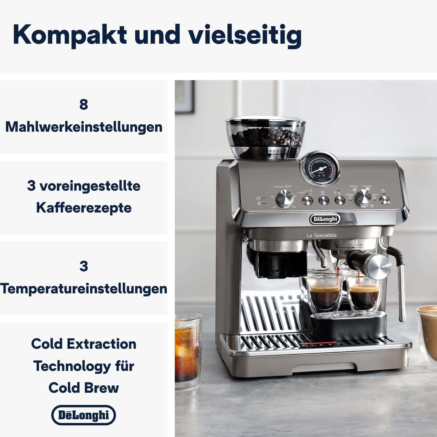 De'Longhi La Specialista Arte EC9155.MB Macchina da Caffè Espresso con Macinacaffè, 8 Livelli di Macinatura, 15 Bar, 3 Temperature, Lancia Vapore, 1300 W, Serbatoio 1.5 l, Acciaio Inox/Nero incluso Barista-Kit