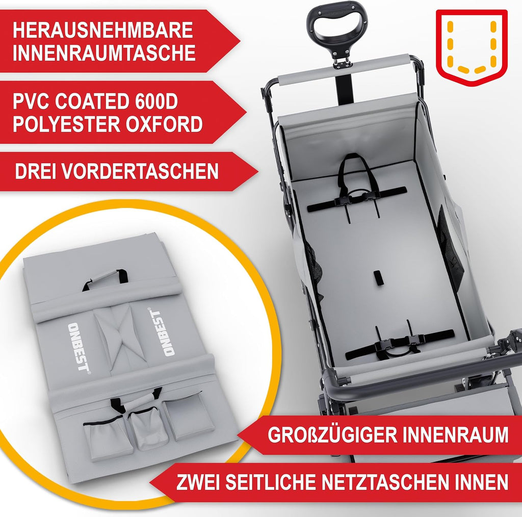 ONBEST Carretto Pieghevole - Con Parapioggia - Carrello Pieghevole con Tetto 100 kg di Carico - Tetto Parasole - Borsa Termica - Portabicchieri - Outdoor - Carrello da Spiaggia Pieghevole (Nero)