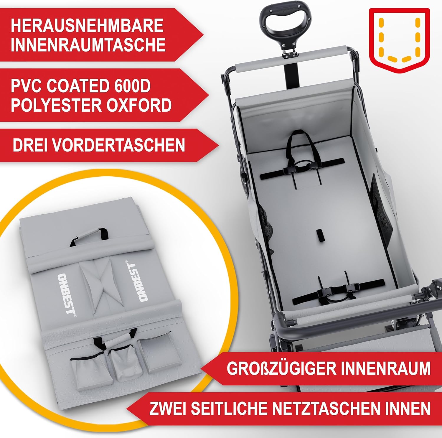 ONBEST Carretto Pieghevole - Con Parapioggia - Carrello Pieghevole con Tetto 100 kg di Carico - Tetto Parasole - Borsa Termica - Portabicchieri - Outdoor - Carrello da Spiaggia Pieghevole (Nero)