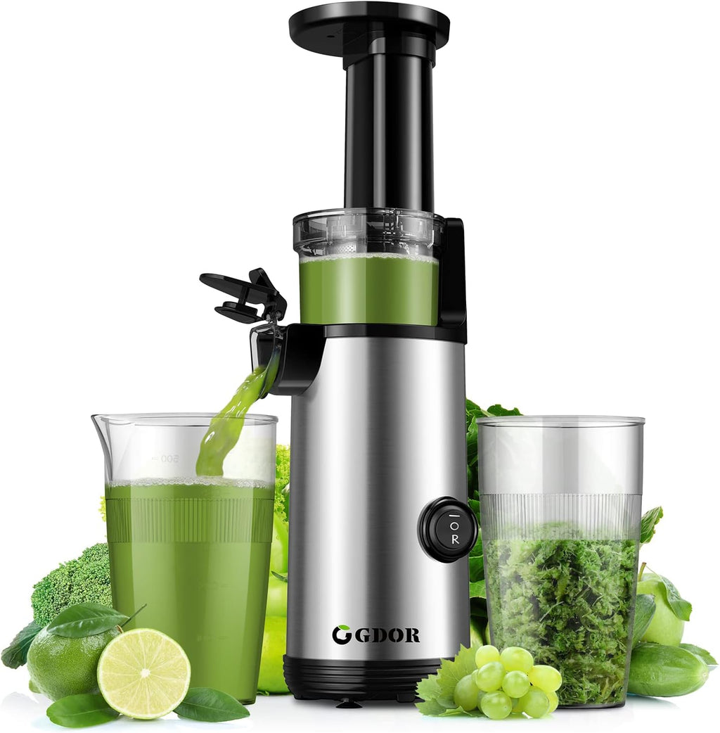 GDOR Spremiagrumi Compatto Spremiagrumi Potente Spremiagrumi Lento Facile da Pulire Macchina Spremiagrumi Silenzioso per Frutta e Verdura, 600 ml, Elevata Resa di Succo, Spazzola Inclusa, Senza BPA