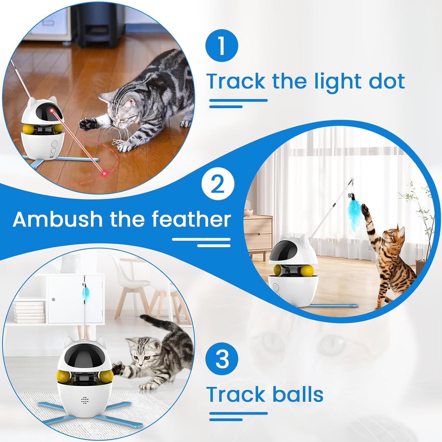 PETTOM Katzenspielzeug Selbstbeschftigung, 3-in-1 Katzenspielzeug Elektrisch Automatisch, Interaktives Spielzeug für Katzen USB Aufladbar