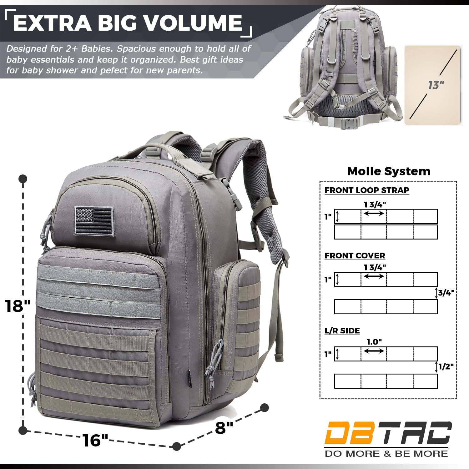 DBTAC Zaino Fasciatoio per Papà, Borsa per Pannolini Grande da Uomo con Materassino per il Cambio, Tasche Isolate + Lavabili, Cinghie per Passeggino, Grigio