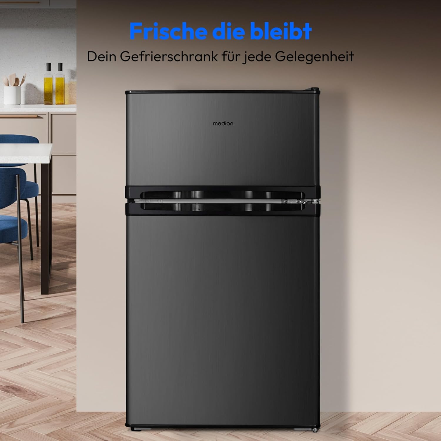 MEDION Mini Frigorifero Combinato (85 Litri, 61L Frigorifero, 24L Congelatore, Libera installazione, 40 dB, Cassetto Trasparente per Verdura, Porta Reversibile, MD 37689) grigio