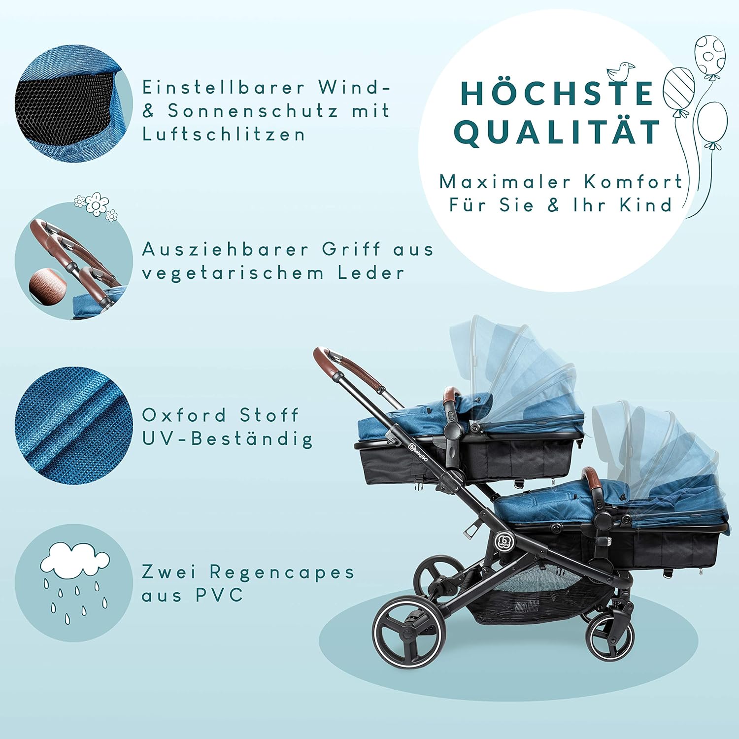 babyGO Passeggino 3 in 1 per gemelli - Passeggino fratellare/Passeggino per fratelli per neonati - Passeggino gemellare/Passeggino per 2 bambini con molti accessori (Blu Melange-senza ovetto)