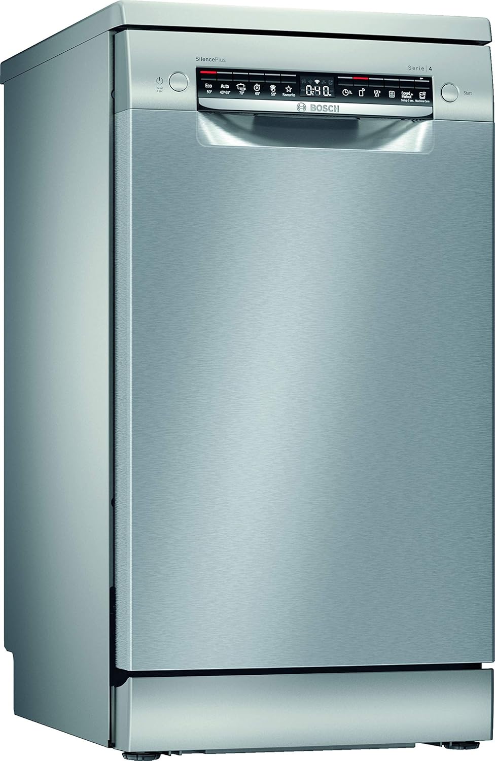 Bosch SPS4HMI61E Serie 4 Lavastoviglie a libera installazione / E / 45 cm / Acciaio inox / 76 kWh/100 cicli / 10 coperti / SuperSilence / Extra asciugatura / VarioCassetto / Home Connect