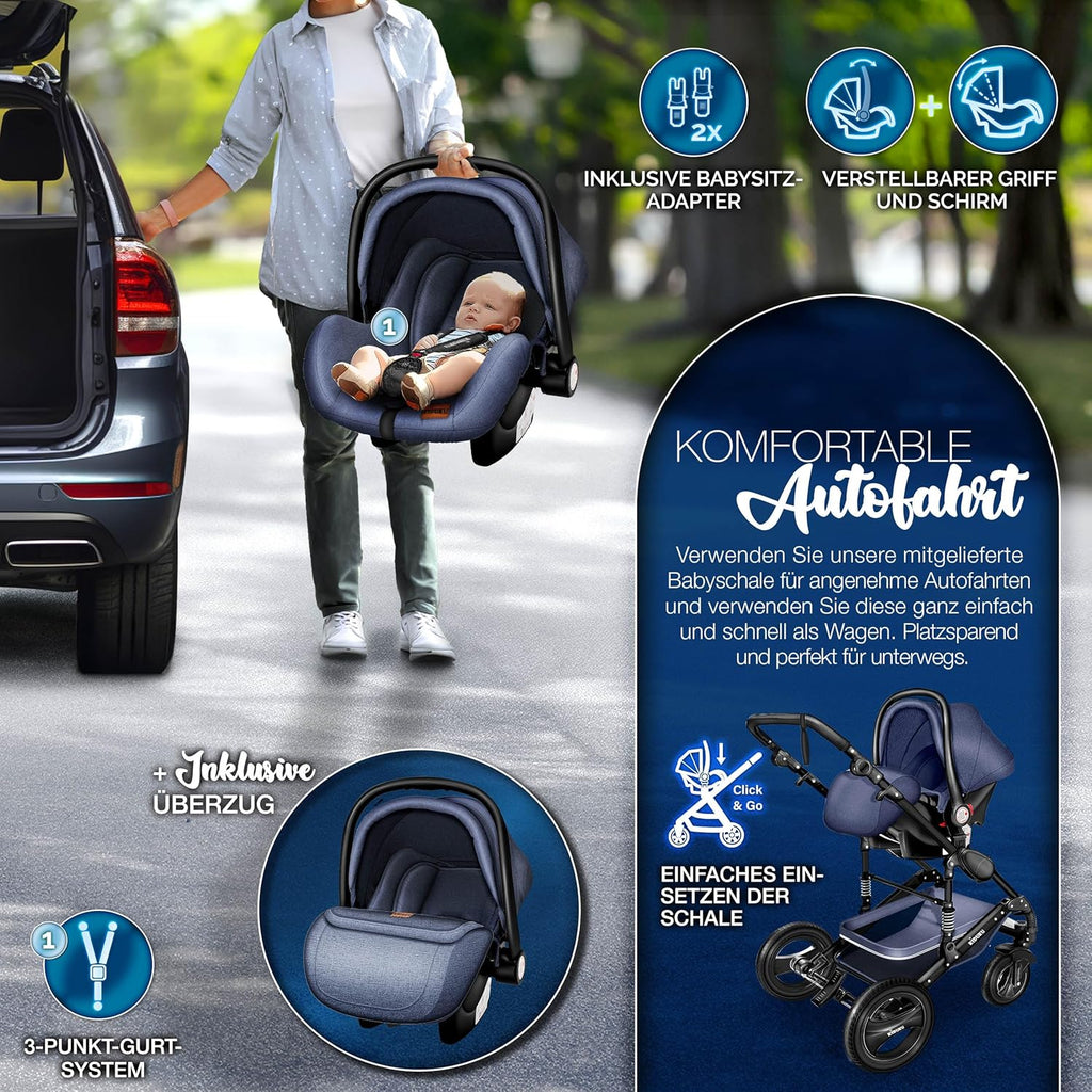 KIDUKU® Set completo passeggino 3 in 1 | Set passeggino combinato con navicella e sedile sportivo passeggino e seggiolino auto ovetto sacco a pelo | Ruote in gomma piena borsa per il cambio scaldamani parapioggia tavolino ECE R129