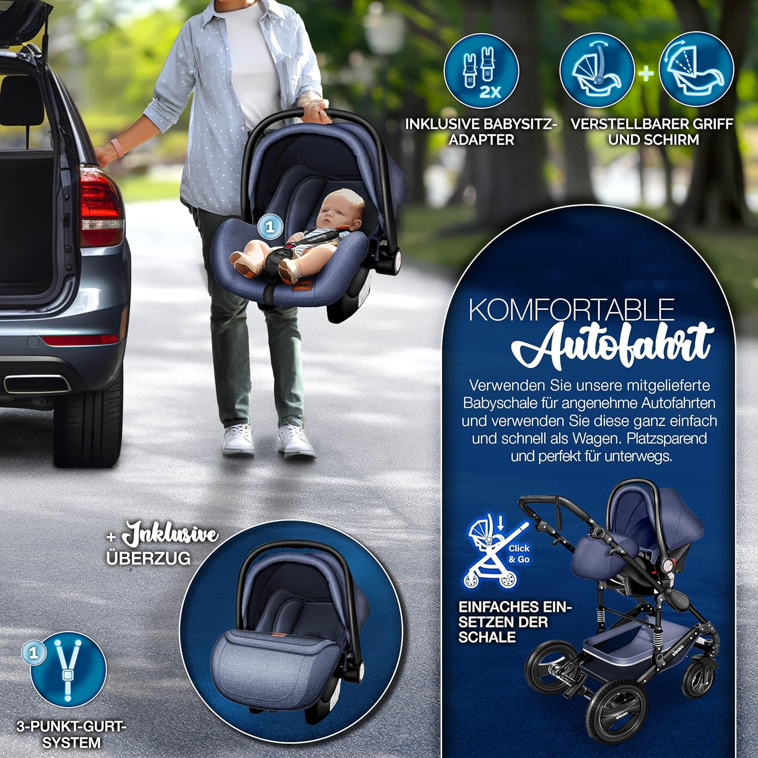 KIDUKU® Set completo passeggino 3 in 1 | Set passeggino combinato con navicella e sedile sportivo passeggino e seggiolino auto ovetto sacco a pelo | Ruote in gomma piena borsa per il cambio scaldamani parapioggia tavolino ECE R129