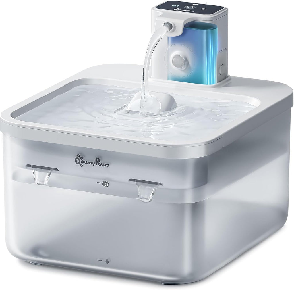 DownyPaws 2.5L Trinkbrunnen für Katze Kabellos, Katzenbrunnen Kabellos mit Bewegungsmelder, Batteriebetrieben Katzentrinkbrunnen, 4000mAh, Leise Wasserpumpe, Tablett aus Edelstahl für Katze, Schwarz