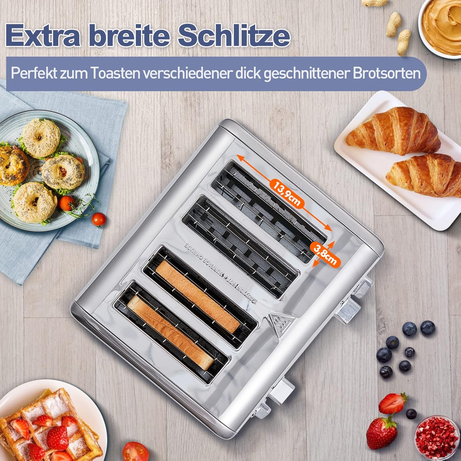 Tostapane 4 Fette, CUSIMAX Tostapane in acciaio inox con display a LED, 4 fessure extra larghe tostapane nero, 2 pannelli di controllo individuali con 6 livelli di doratura, funzione annulla, riscalda e scongela