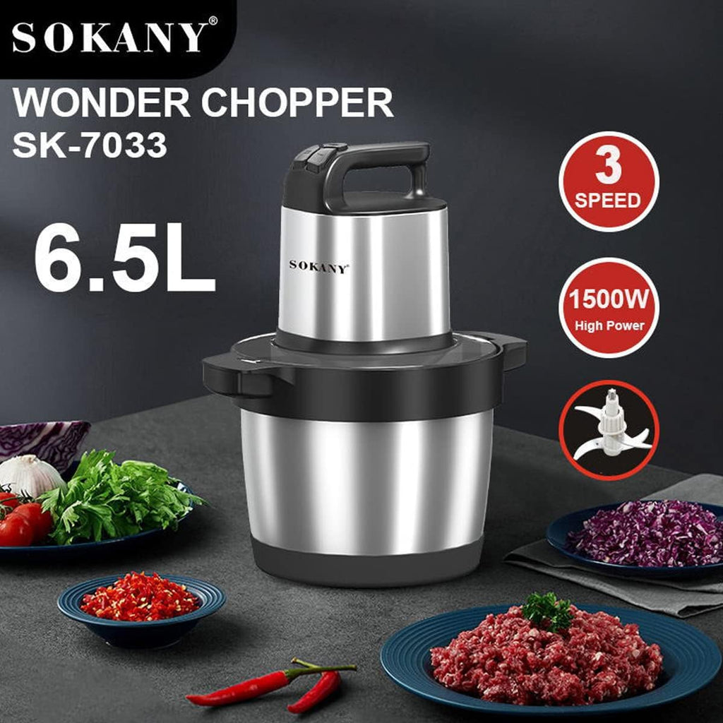 SOKANY Tritacarne Elettrico da Cucina 1500W con Ciotola in Acciaio Inox da 6,5L, Tritatutto con 3 Livelli di Velocità, Robot da Cucina con 4 Lame per Carne, Cipolle, Frutta, Verdura