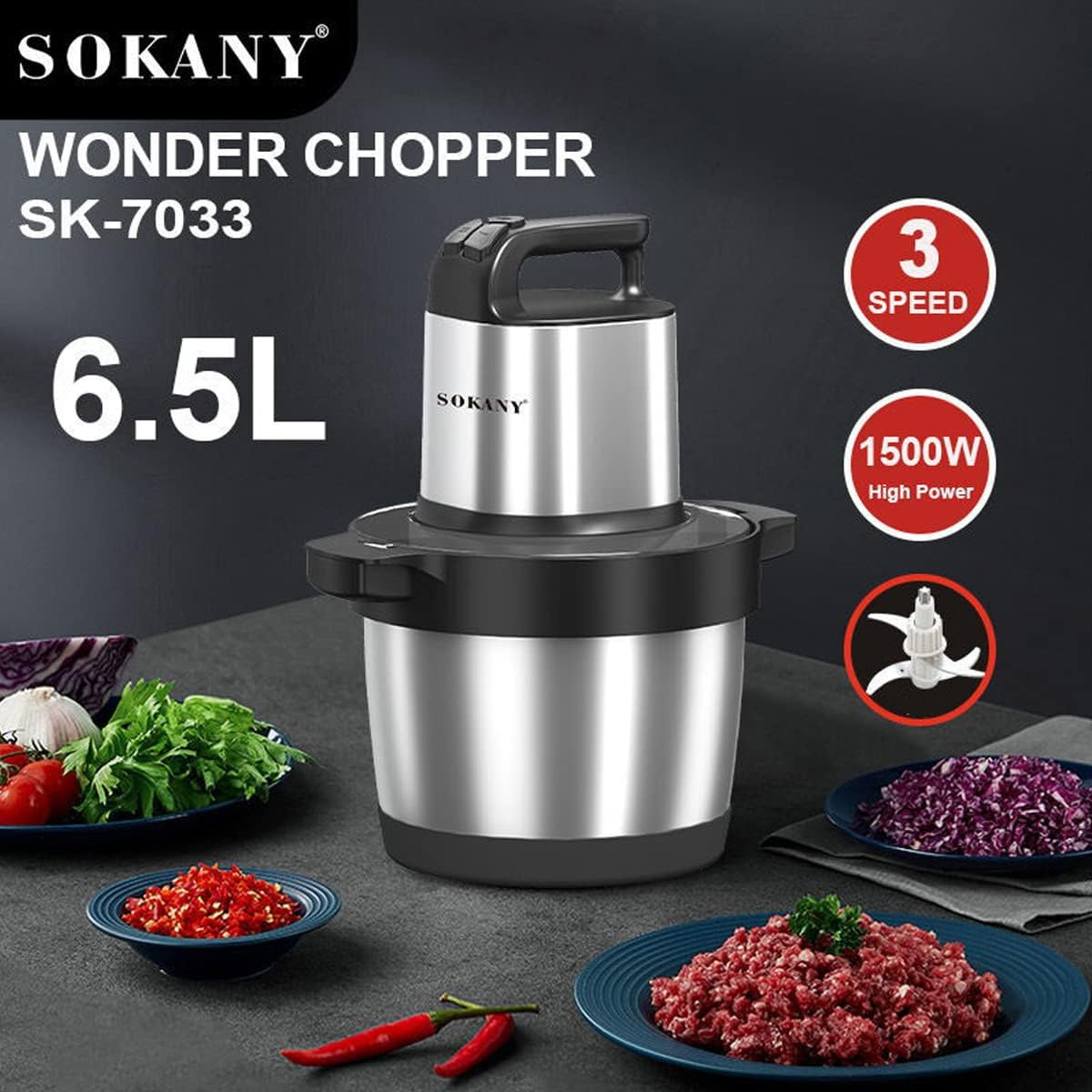 SOKANY Tritacarne Elettrico da Cucina 1500W con Ciotola in Acciaio Inox da 6,5L, Tritatutto con 3 Livelli di Velocità, Robot da Cucina con 4 Lame per Carne, Cipolle, Frutta, Verdura