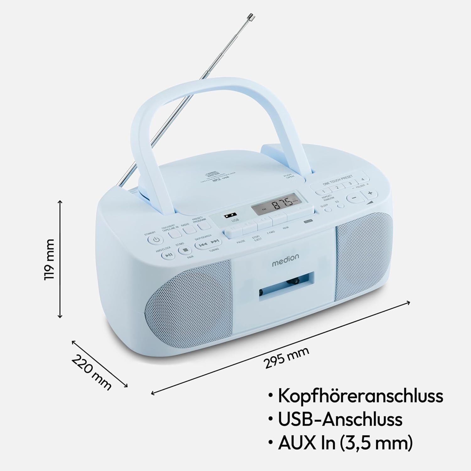 MEDION E65010 Radioregistratore stereo (lettore CD, cassetta, porta USB, ingresso audio AUX, riproduzione MP3, radio PLL FM, 40 stazioni memorizzabili, funzionamento a batteria, telecomando) bianco