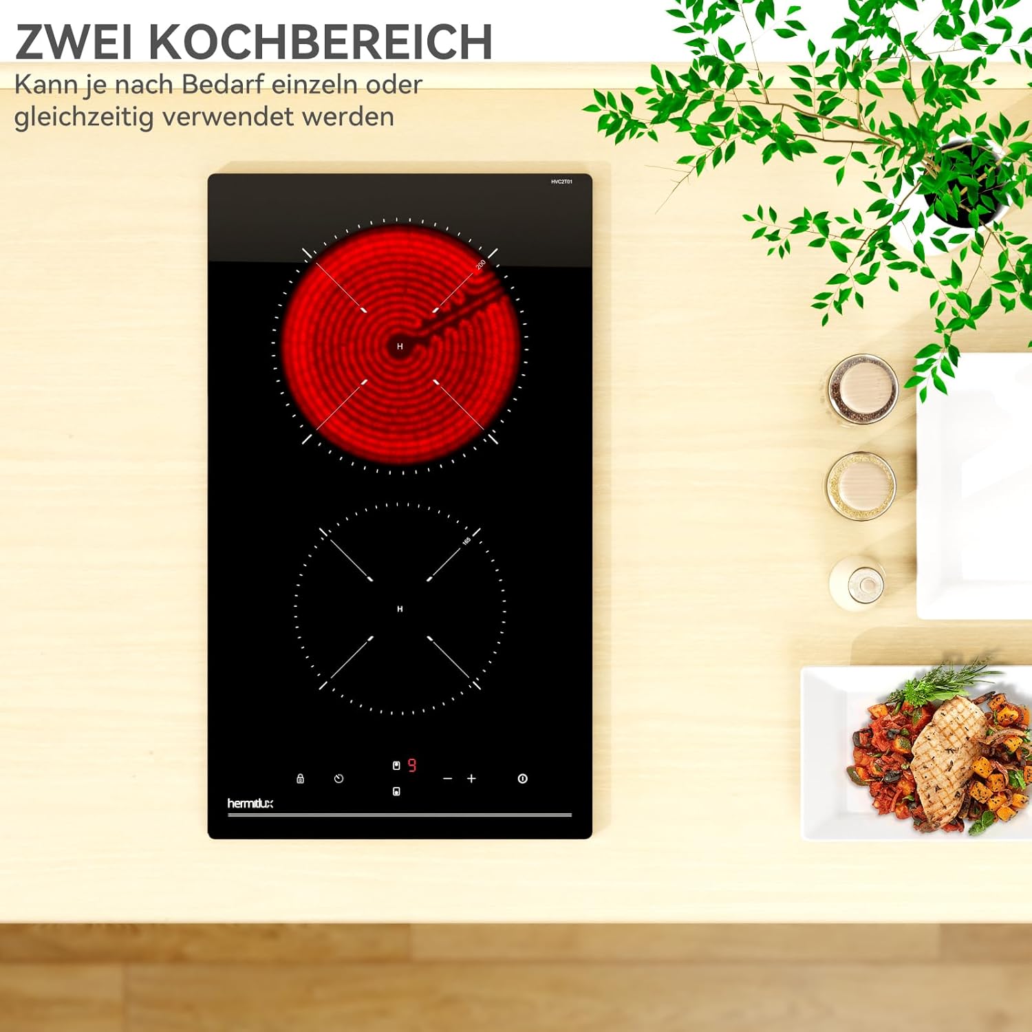 Hermitlux Domino Glaskeramikkochfeld,Eingebaut 29 cm schwarz Glaskeramik elektrisches Kochfeld,9 Leistungsstufen,Sensor-Touch-Steuerung, Kindersicherung, 1-99 Minuten-Timer,Geeignet für Alle Tpfe