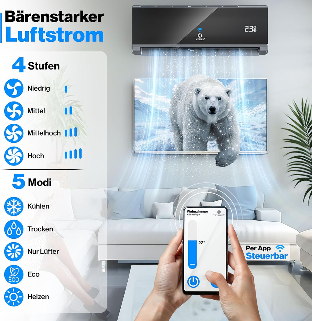 KESSER® Condizionatore Split - con funzione WiFi/App - Raffreddamento A++/Riscaldamento A+ - 9000 BTU/h (2.600 Watt) Refrigerante R32 - Telecomando, funzione timer - Kit di montaggio completo incluso