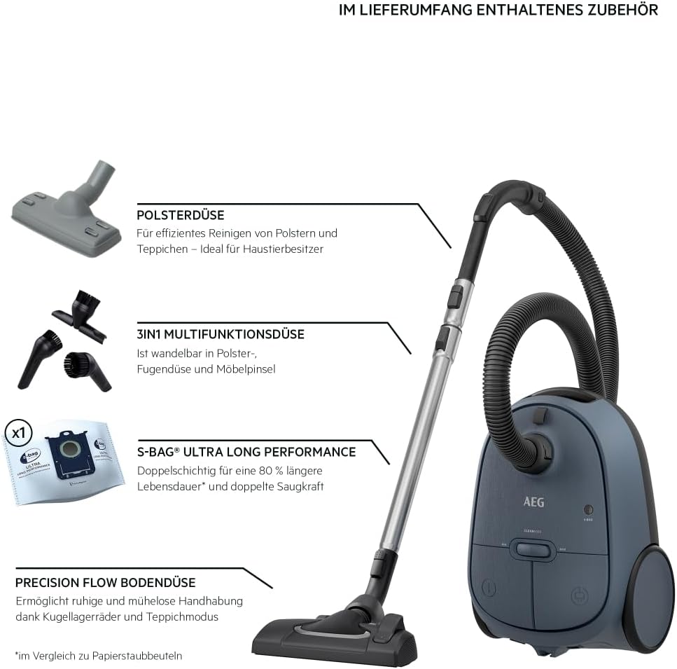 AEG CLEAN 6000 AB61C2DB Aspirapolvere con sacco / elevata potenza di aspirazione / include bocchetta per imbottiti / 50% plastica riciclata / ideale per proprietari di animali domestici / pulizia di tappezzeria / cavo da 12 m / 750 W / Blu