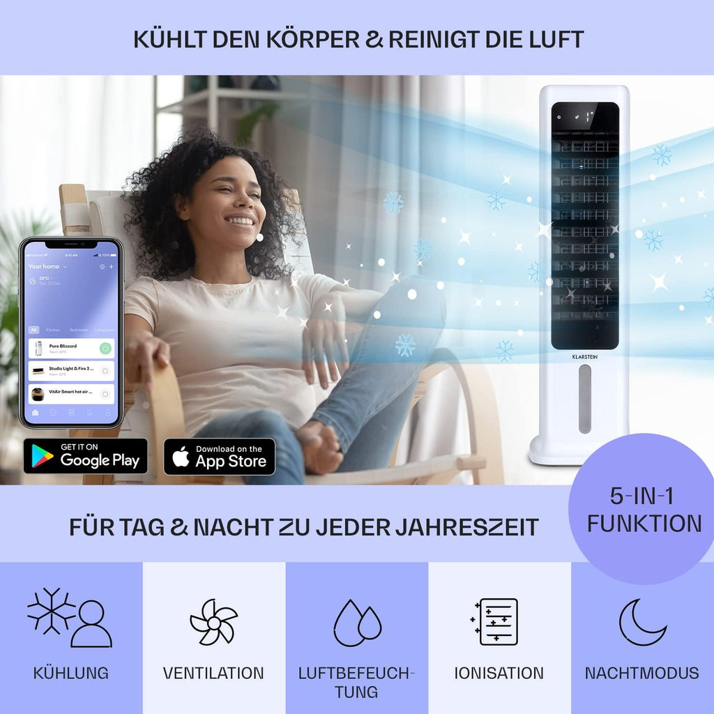 Klarstein Raffreddatore d'aria con Raffreddamento ad acqua, Raffrescatore Evaporativo 5 in 1, Umidificatore, Ventilatore e Purificatore d'aria, Raffreddatore d'aria Portatile con Controllo App, 80W, Flusso d'aria 462m³/h, Bianco