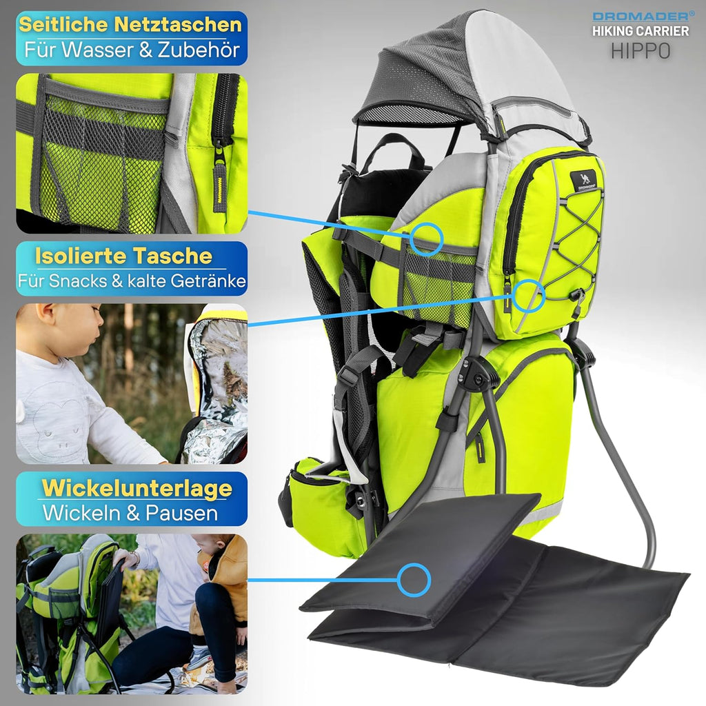 Dromader Kraxe Kindertrage bis 22kg – Kindertrage Wandern mit Sonnendach, Regenschutz, Thermotasche, Wickelmatte – Einhändig klappbare Rahmen – Blau