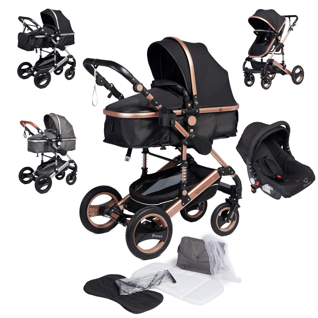 Bronea EXQUISE Kombi-Kinderwagen 3 in 1 INKL. MATRATZE | FARBAUSWAHL | Buggy, Auto-Babyschale, Zusammenklappbar mit Wickeltasche, Regenschutz, Mückenschutz & Sonnenschutz, Farbe:schwarz/champagne