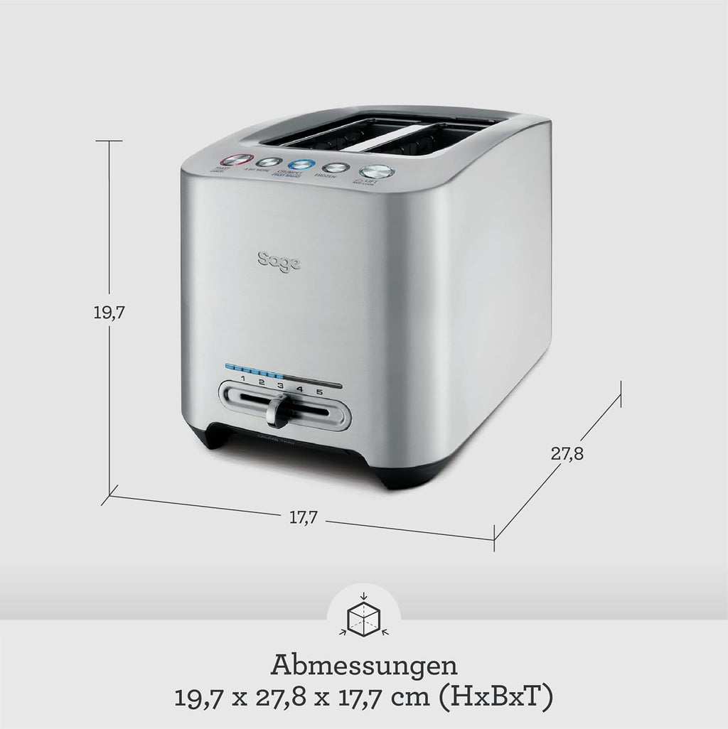 Sage - The Smart Toast - 2-Scheiben - Toaster mit Extra-Breiten Schlitzen - 5 Einstellungen, Schnelle Reinigung, Absenken auf Knopfdruck - Bräunungsgradkontrolle, Liftfunktion - Gebürstetes Aluminium