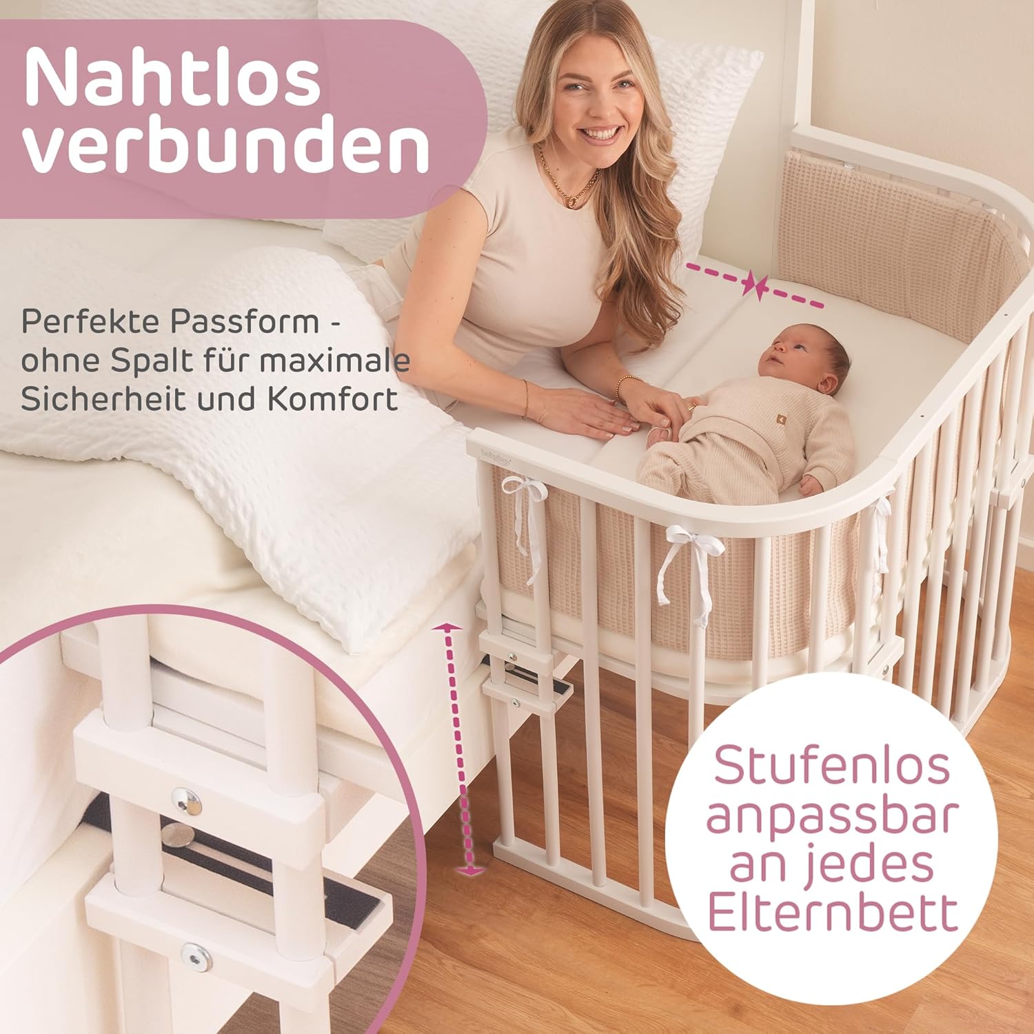 babybay Original Lettino da affiancare in massello di faggio / compatto e trasformabile / Altezza regolabile senza livelli preimpostati ed ecologico / Lettino evolutivo (laccato bianco) / Materasso incluso
