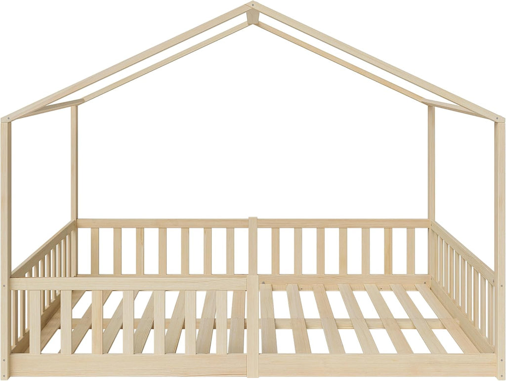 Bellabino Lettino per bambini Bia 140x200 cm, letto a capanna per bambini con protezione anticaduta e rete a doghe arrotolabile, letto a terra Montessori bianco in legno massello di pino