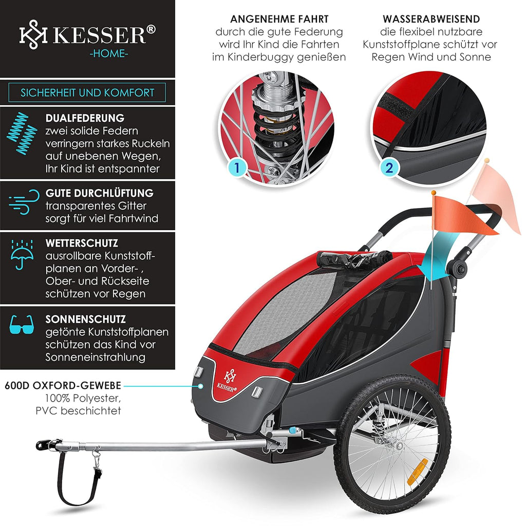 KESSER® Kinderanhänger Fahrradanhänger 360° Drehbar mit Federung 2in1 Joggerfunktion Kinderfahrradanhänger + 5-Punkt Gurt Jogger Fahrrad Anhänger für 1 bis 2 Kinder max. 40kg Inkl. Warnfahne, Schwarz