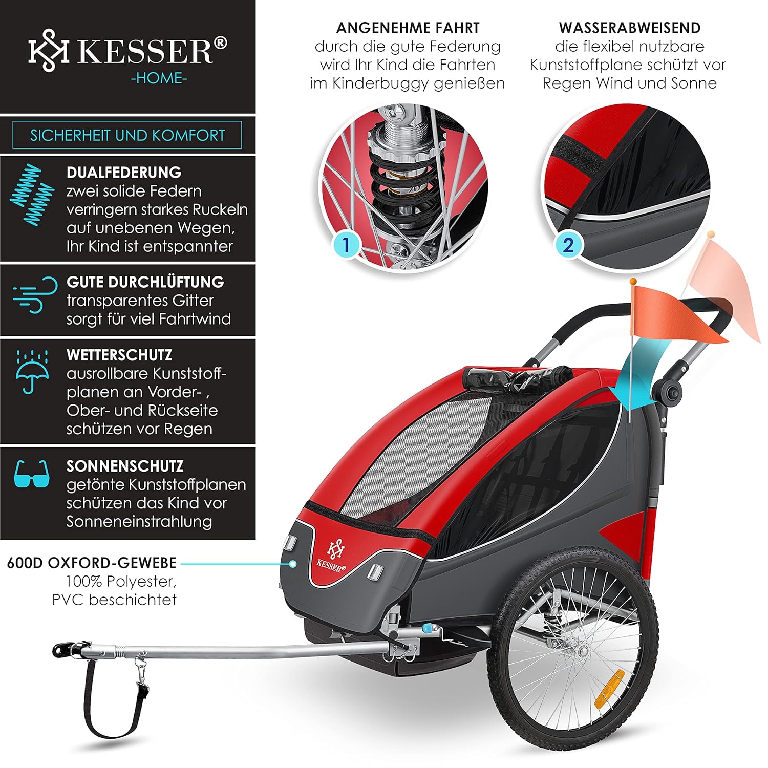 KESSER® Kinderanhänger Fahrradanhänger 360° Drehbar mit Federung 2in1 Joggerfunktion Kinderfahrradanhänger + 5-Punkt Gurt Jogger Fahrrad Anhänger für 1 bis 2 Kinder max. 40kg Inkl. Warnfahne Hellgrau