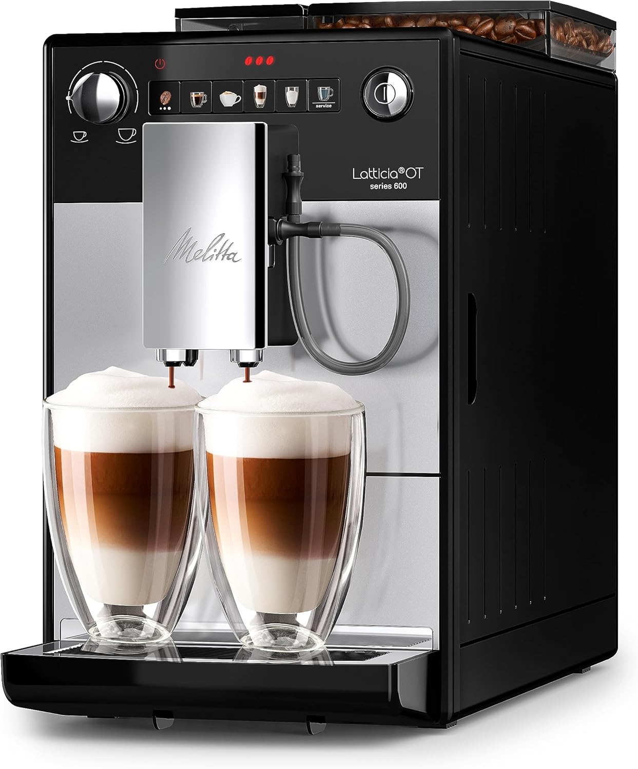 Melitta Latticia OT - Macchina da caffè automatica con sistema latte, Macchina da caffè con macinino per caffè o cappuccino, ad esempio, argento/nero