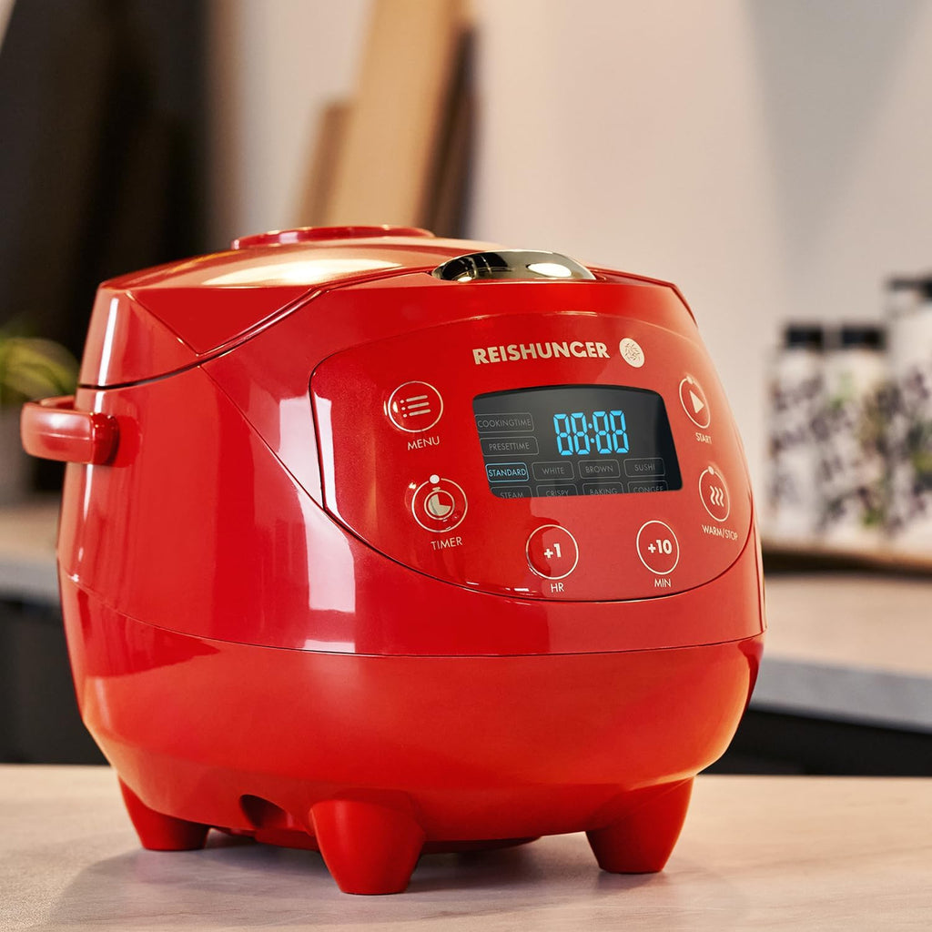REISHUNGER Cuociriso digitale piccolo, nero | Da 0,6 L fino a 3 persone | Funzione mantenimento calore, timer e pentola premium | Multicooker e vaporiera piccoli, 8 programmi, tecnologia a 7 fasi