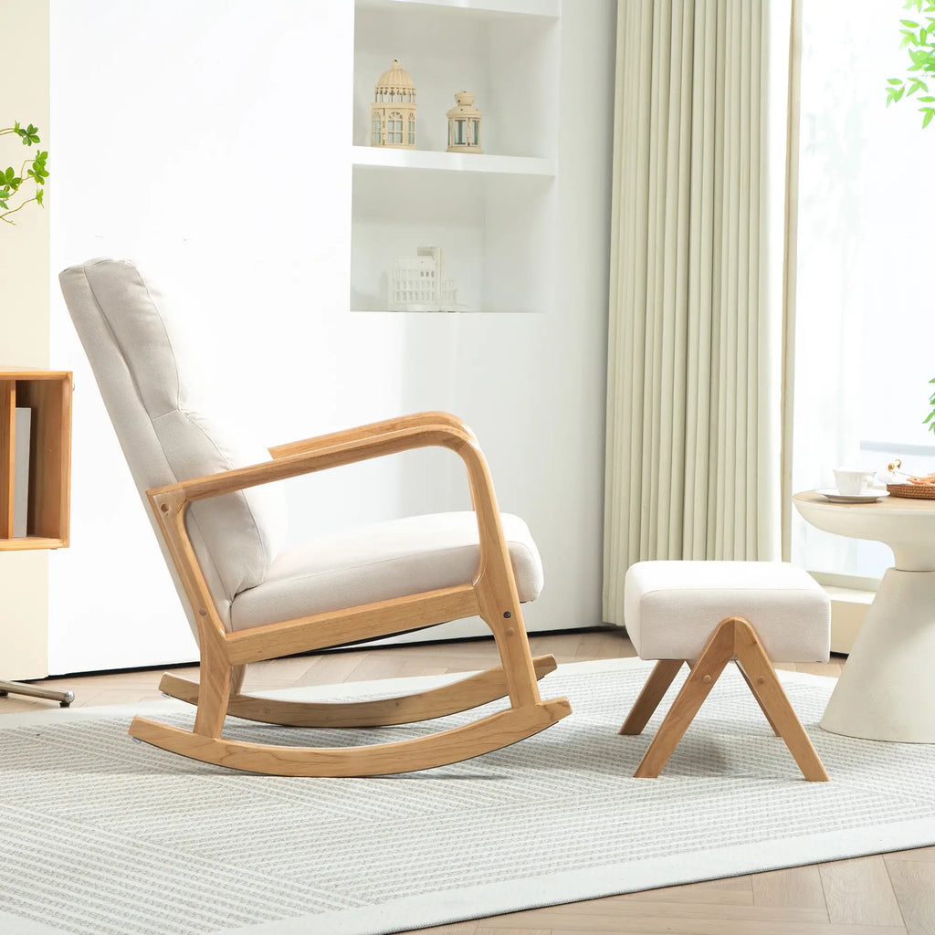 HOMCOM Poltrona a dondolo con pouf, dondolio rilassante, bianco crema