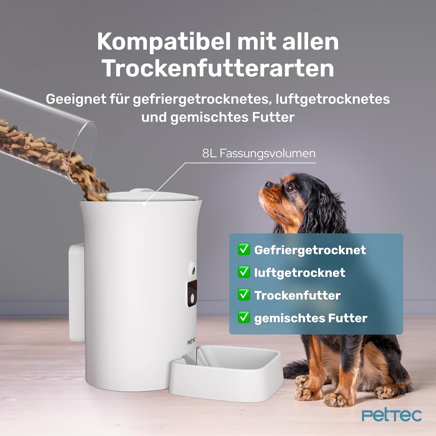 PetTec – Pet Cam Buddy Haustierkamera Futterautomat 8L für Katzen- & Hunde-Trockenfutter – Automatischer Futterspender mit WLAN & App-Steuerung -Inkl. 2-Wege-Audio, Bellerkennung & Nachtsicht