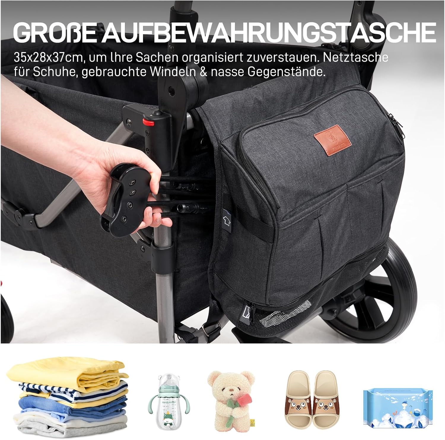 EVER ADVANCED Carretto per 2 bambini pieghevole con tetto, passeggino con cinture di sicurezza a 5 punti, zaino fasciatoio, carretto con sedile, carrello di trasporto, spinta e trazione, freno a pedale