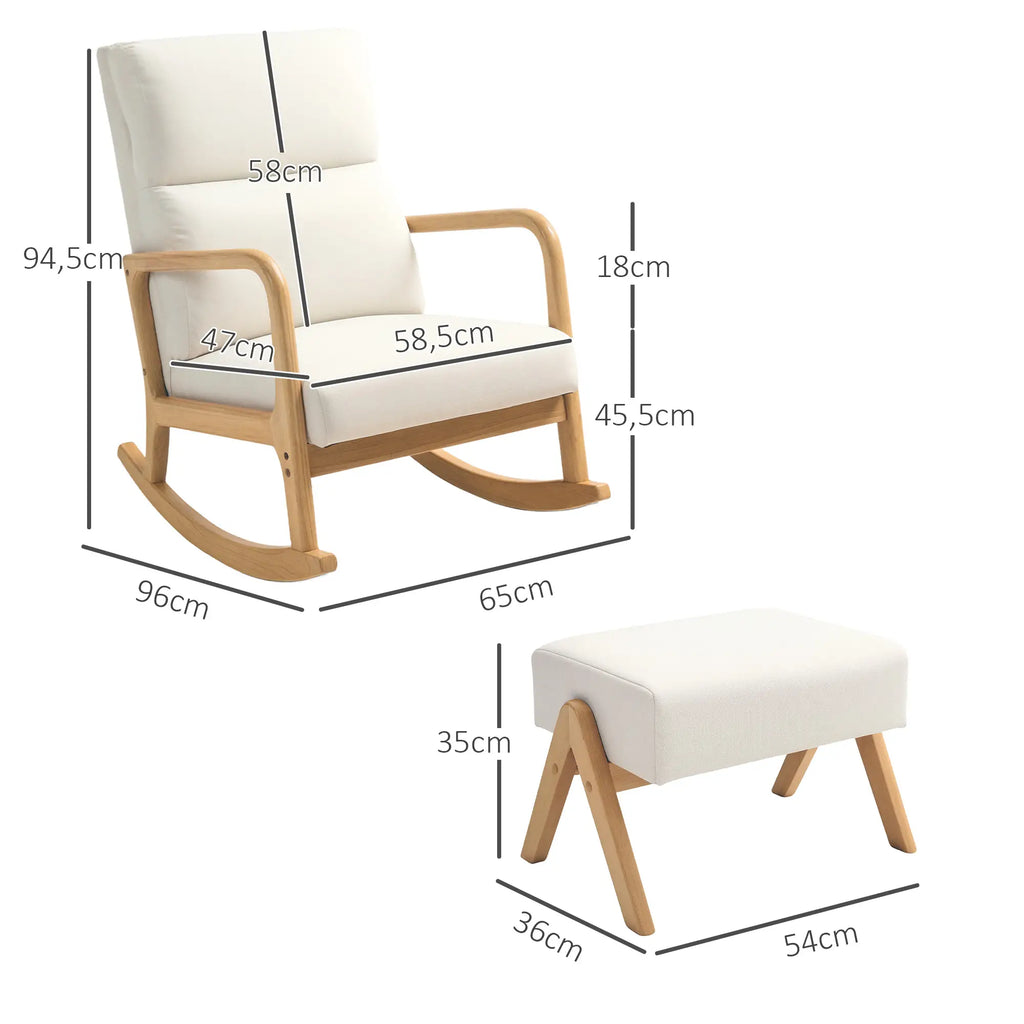 HOMCOM Poltrona a dondolo con pouf, dondolio rilassante, bianco crema