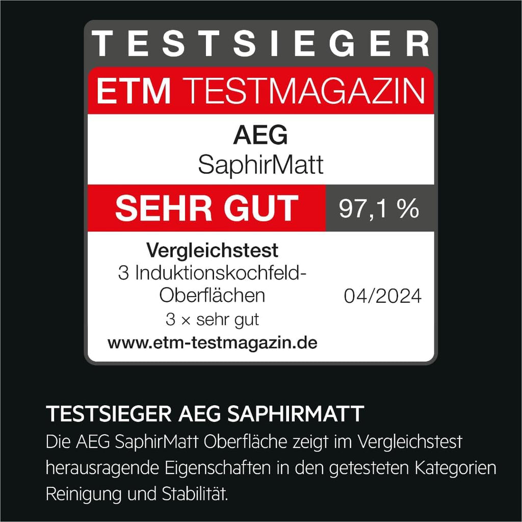 AEG piano cottura a induzione autonomo 80cm con cappa integrata / Prodotto in Germania / 4 zone cottura Flexi con funzione Bridge (combinazione di 2 zone) / Funzione automatica della cappa / Filtro a carbone attivo / COLI84COXB