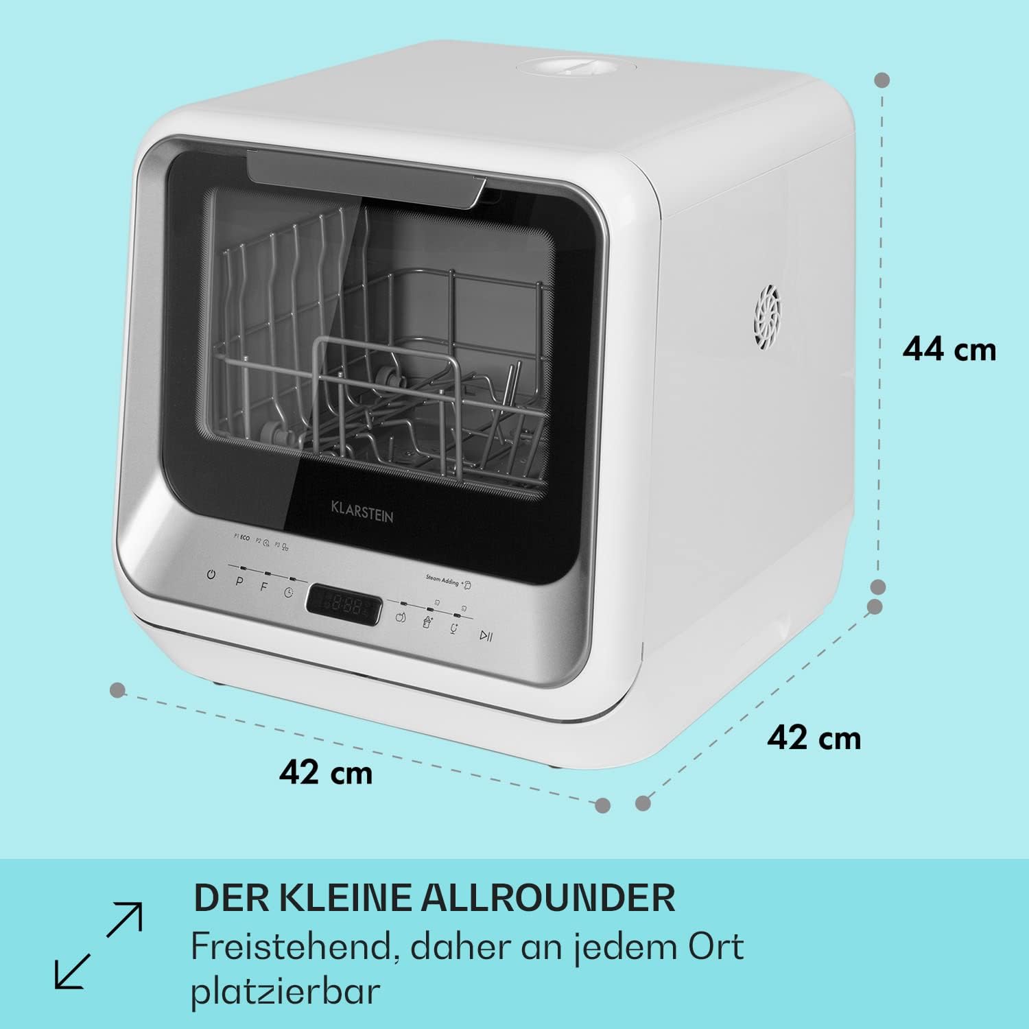 Klarstein ia Mini Lavastoviglie, lavastoviglie con spazio per 2 coperti, 6 programmi, richiede 5 litri d'acqua, display a LED, touch, lavastoviglie da tavolo incl. accessori, nero