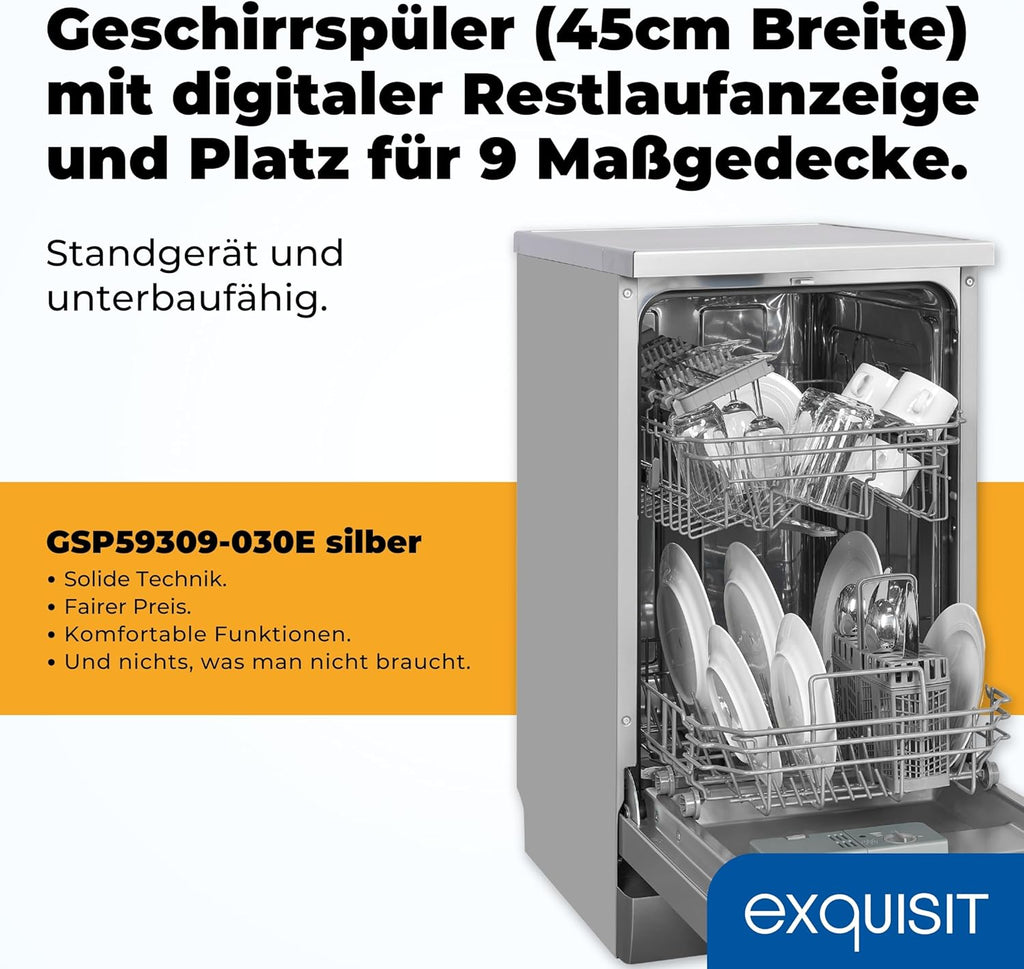 Exquisit Lavastoviglie, 9 Coperti, Lavastoviglie 45 cm, Power+, Modalità ECO, Lavastoviglie 45 cm, GSP59109-030E argento